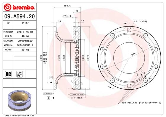 Brembo 09.A594.20 - Bremžu diski ps1.lv