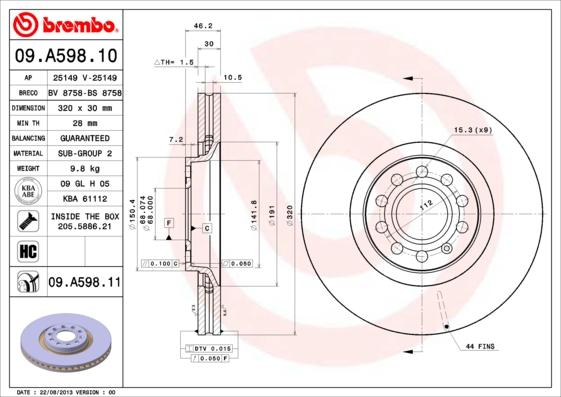 Brembo 09.A598.11 - Bremžu diski ps1.lv