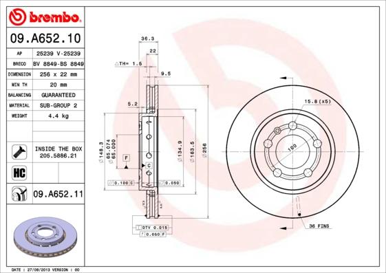 Brembo 09.A652.11 - Bremžu diski ps1.lv