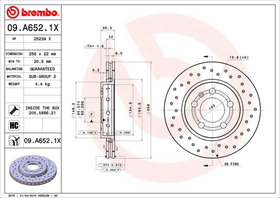 Brembo 09.A652.1X - Bremžu diski ps1.lv