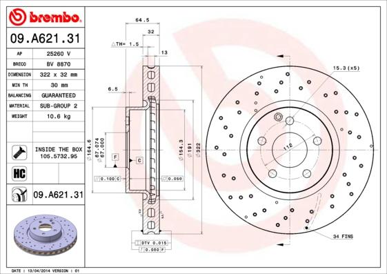 Brembo 09.A621.31 - Bremžu diski ps1.lv