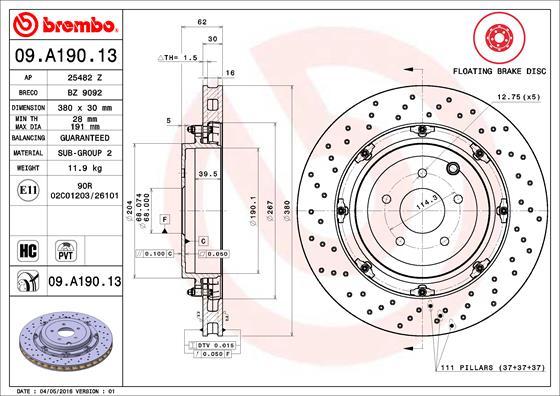 Brembo 09.A190.13 - Bremžu diski ps1.lv