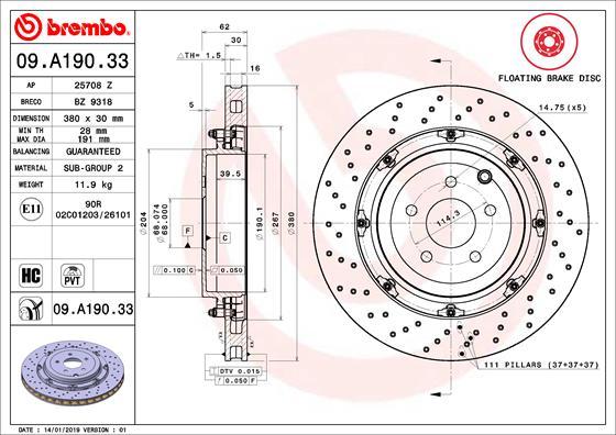 Brembo 09.A190.33 - Bremžu diski ps1.lv