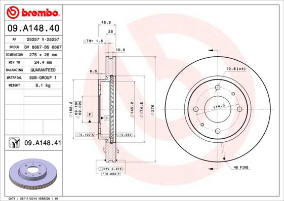 Brembo 09.A148.41 - Bremžu diski ps1.lv