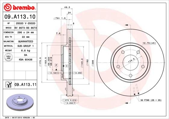 Brembo 09.A113.10 - Bremžu diski ps1.lv