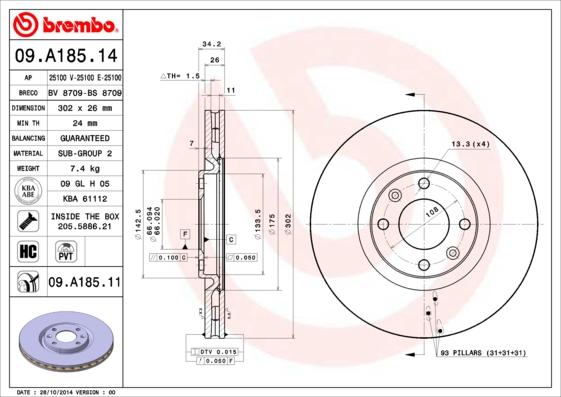 Brembo 09.A185.14 - Bremžu diski ps1.lv