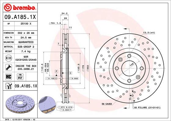 Brembo 09.A185.1X - Bremžu diski ps1.lv