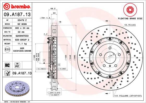 Brembo 09.A187.13 - Bremžu diski ps1.lv