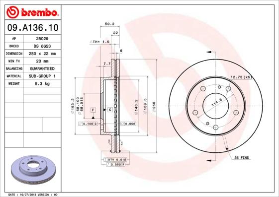 Brembo 09.A136.10 - Bremžu diski ps1.lv