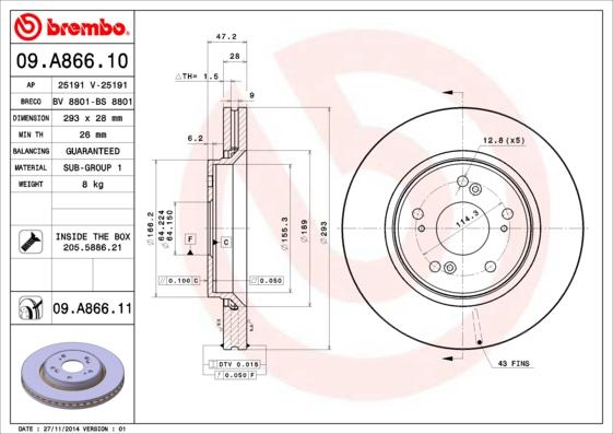 Brembo 09.A866.10 - Bremžu diski ps1.lv