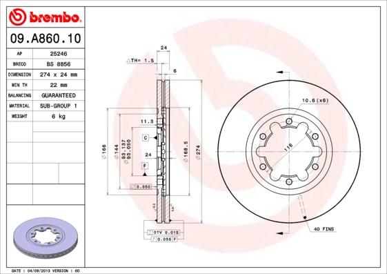 Brembo 09.A860.10 - Bremžu diski ps1.lv