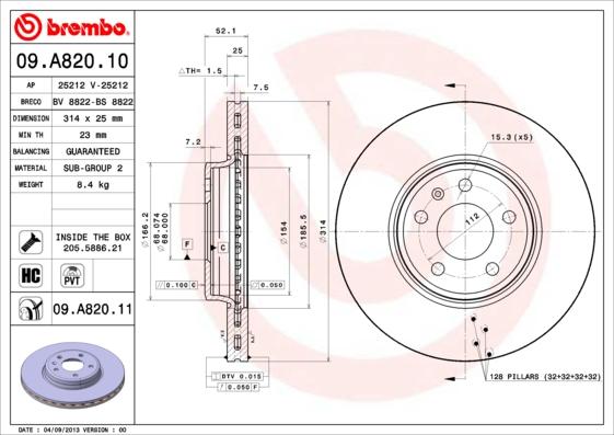 Brembo 09.A820.11 - Bremžu diski ps1.lv