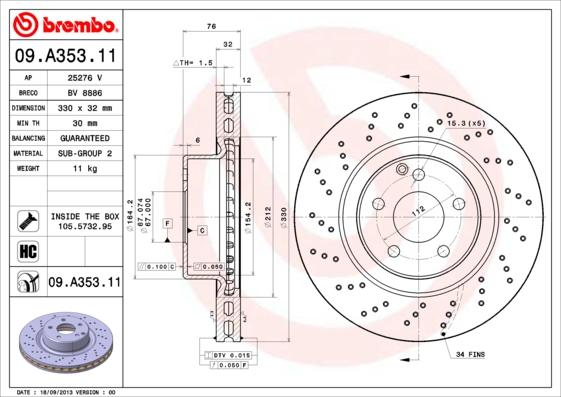 Brembo 09.A353.11 - Bremžu diski ps1.lv