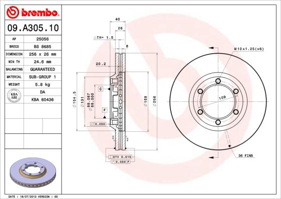 Brembo 09.A305.10 - Bremžu diski ps1.lv