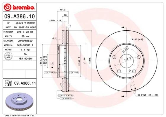 Brembo 09.A386.10 - Bremžu diski ps1.lv