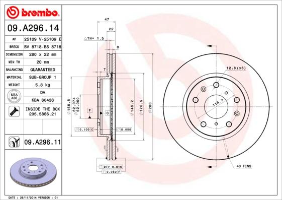 Brembo 09.A296.14 - Bremžu diski ps1.lv