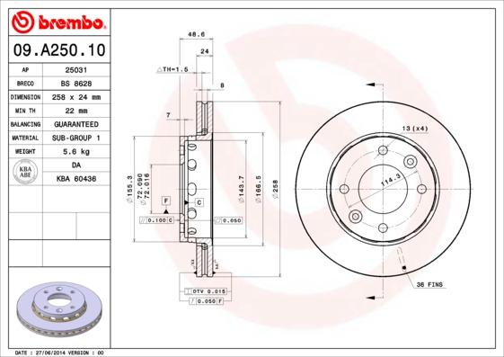 Brembo 09.A250.10 - Bremžu diski ps1.lv