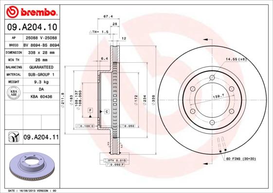 Brembo 09.A204.10 - Bremžu diski ps1.lv