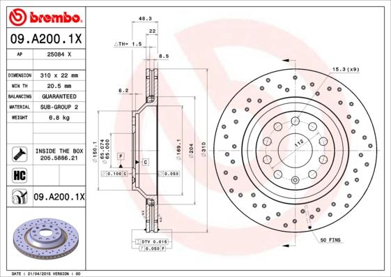 Brembo 09.A200.1X - Bremžu diski ps1.lv