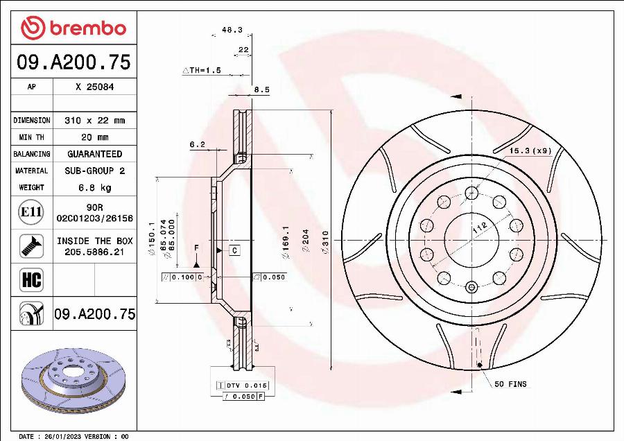 Brembo 09.A200.75 - Bremžu diski ps1.lv