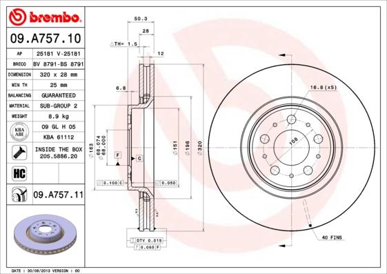 Brembo 09.A757.10 - Bremžu diski ps1.lv