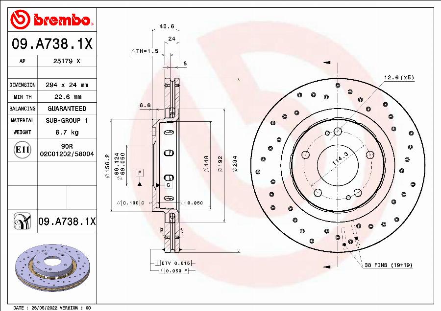 Brembo 09.A738.1X - Bremžu diski ps1.lv