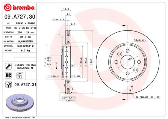 Brembo 09.A727.30 - Bremžu diski ps1.lv