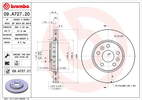 Brembo 09.A727.20 - Bremžu diski ps1.lv