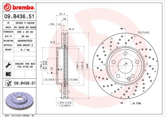 Brembo 09.B436.51 - Bremžu diski ps1.lv