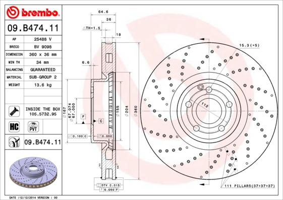 Brembo 09.B474.11 - Bremžu diski ps1.lv