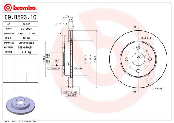 Brembo 09.B523.11 - Bremžu diski ps1.lv