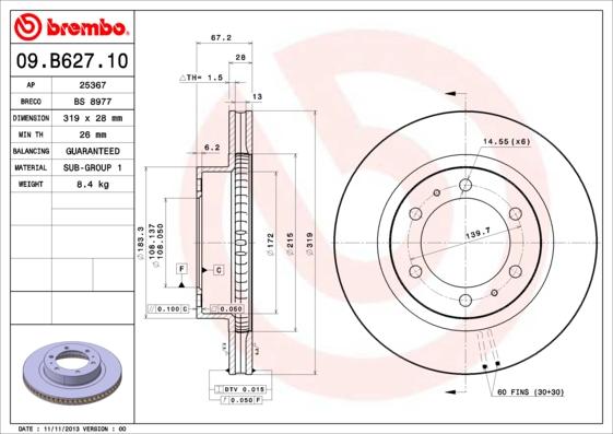 Brembo 09.B627.10 - Bremžu diski ps1.lv