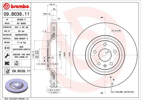 Brembo 09.B038.11 - Bremžu diski ps1.lv