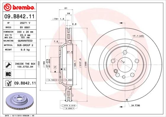 Brembo 09.B842.11 - Bremžu diski ps1.lv