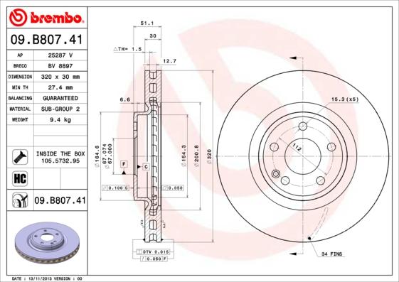 Brembo 09.B807.41 - Bremžu diski ps1.lv