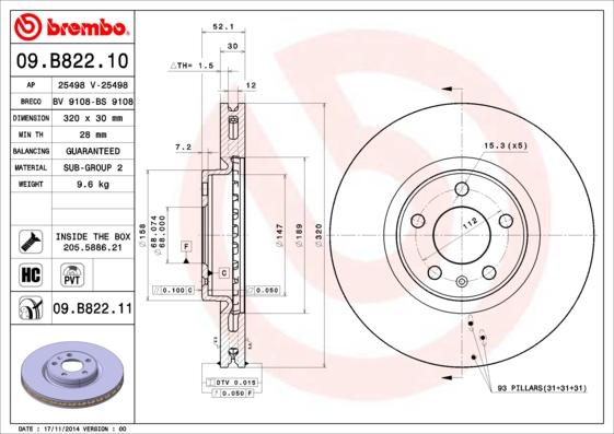 Brembo 09.B822.10 - Bremžu diski ps1.lv