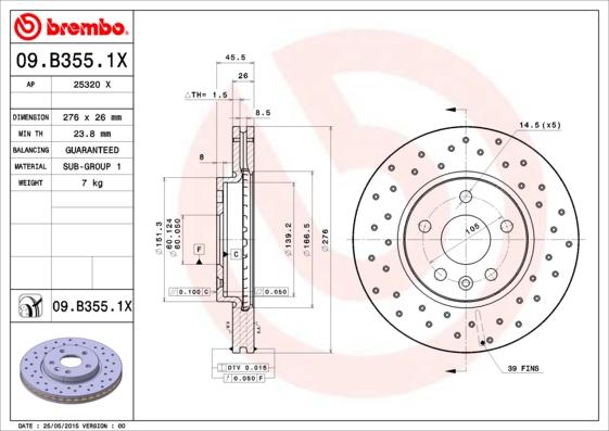 Brembo 09.B355.1X - Bremžu diski ps1.lv