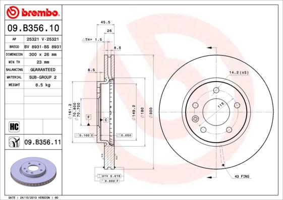 Brembo 09.B356.10 - Bremžu diski ps1.lv