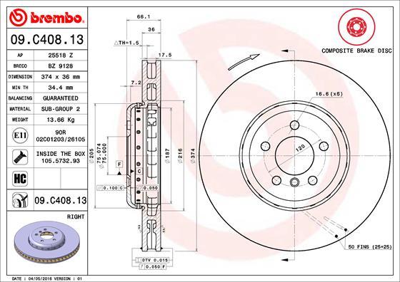 Brembo 09.C408.13 - Bremžu diski ps1.lv