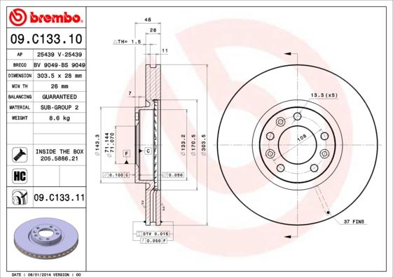 Brembo 09.C133.11 - Bremžu diski ps1.lv