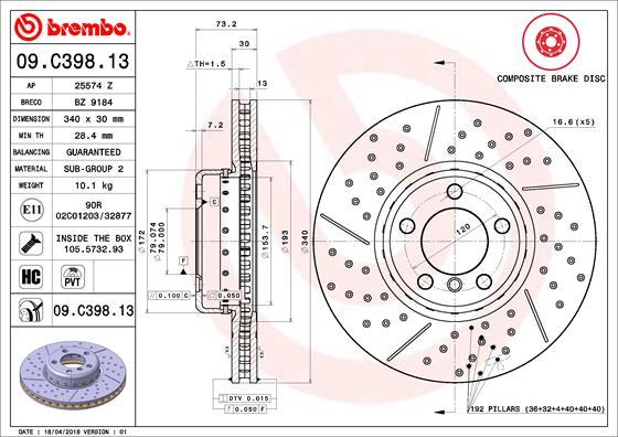 Brembo 09.C398.13 - Bremžu diski ps1.lv