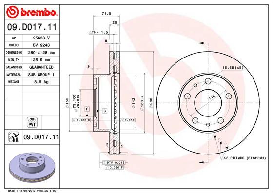 Brembo 09.D017.11 - Bremžu diski ps1.lv