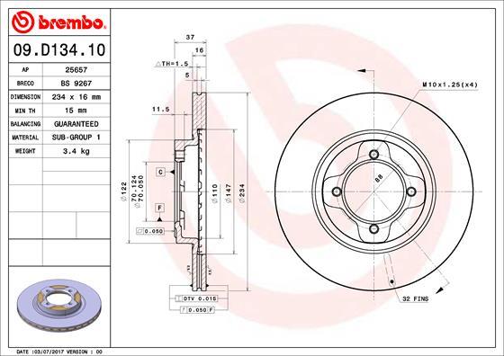 Brembo 09.D134.10 - Bremžu diski ps1.lv