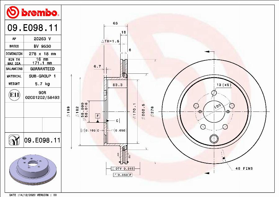 Brembo 09.E098.11 - Bremžu diski ps1.lv