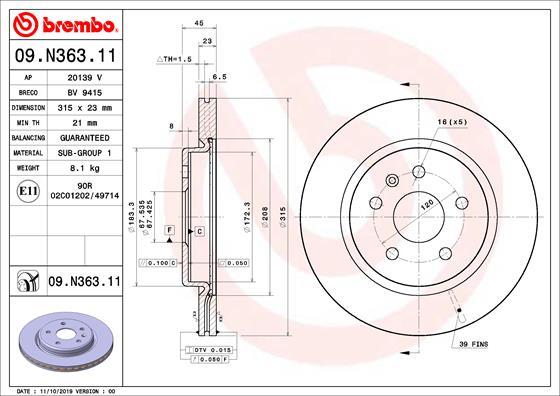 Brembo 09.N363.11 - Bremžu diski ps1.lv