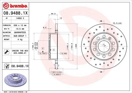 Brembo 08.9488.1X - Bremžu diski ps1.lv