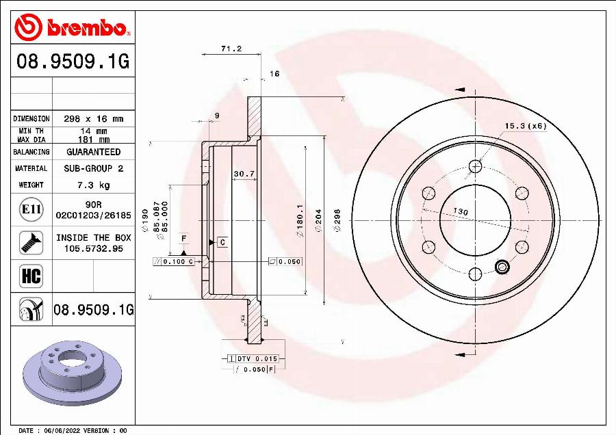 Brembo 08.9509.1G - Bremžu diski ps1.lv