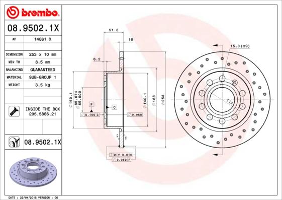 Brembo 08.9502.1X - Bremžu diski ps1.lv