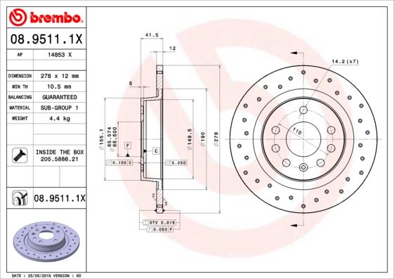 Brembo 08.9511.1X - Bremžu diski ps1.lv