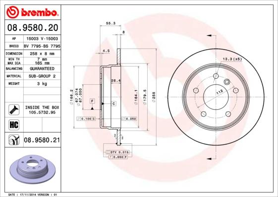 Brembo 08.9580.20 - Bremžu diski ps1.lv